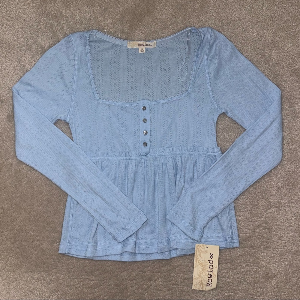 NWT BABYDOLL TOP LONG SLEEVE LIGHT BLUE BLOUSE BUTTON Y2K COQUETTE COTTAGECORE S